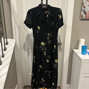 David Warren vintage style black dress, shoulder pads, gold floral, size 4
